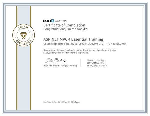 Łukasz Wudyka opinie o umowach SEO - dlaczego umowy SEO są ważne? - certyfikat Linkedin - ASP.NET MVC4 Essential Training.