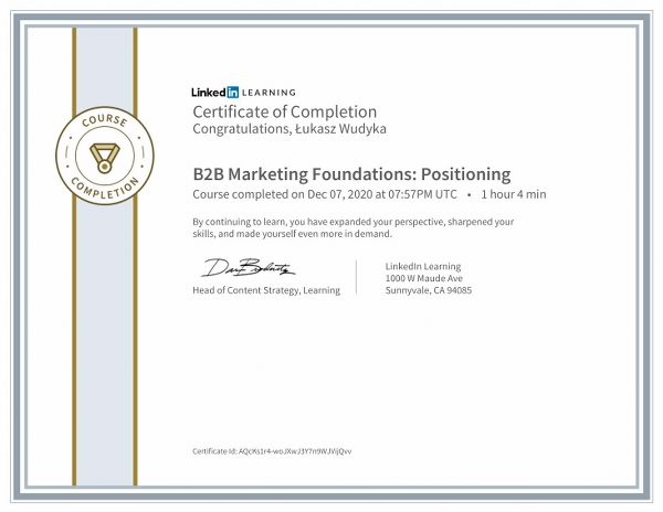 Łukasz Wudyka opinie o umowach SEO - dlaczego umowy SEO są ważne? - certyfikat Linkedin - B2B Marketing Foundations: Positioning.