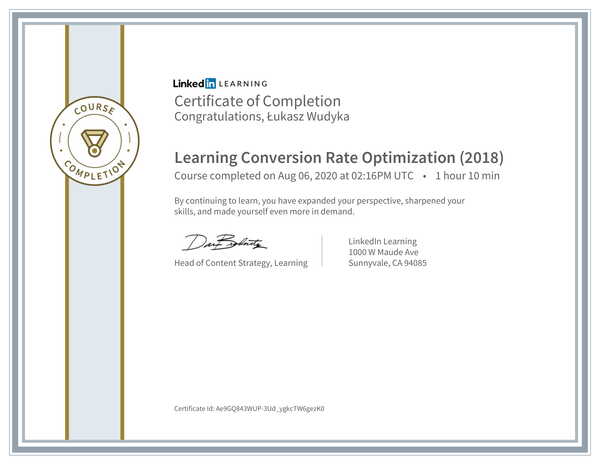Łukasz Wudyka opinie o umowach SEO - dlaczego umowy SEO są ważne? - certyfikat Linkedin - Learning Conversion Rate Optimization (2018).