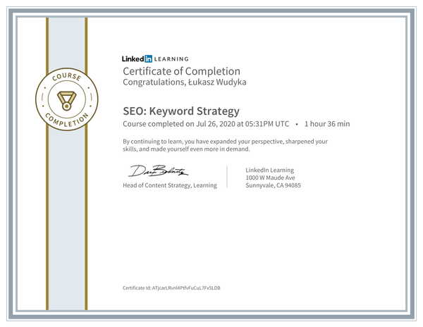 Łukasz Wudyka opinie o umowach SEO - dlaczego umowy SEO są ważne? - certyfikat Linkedin - SEO: Keyword Strategy.