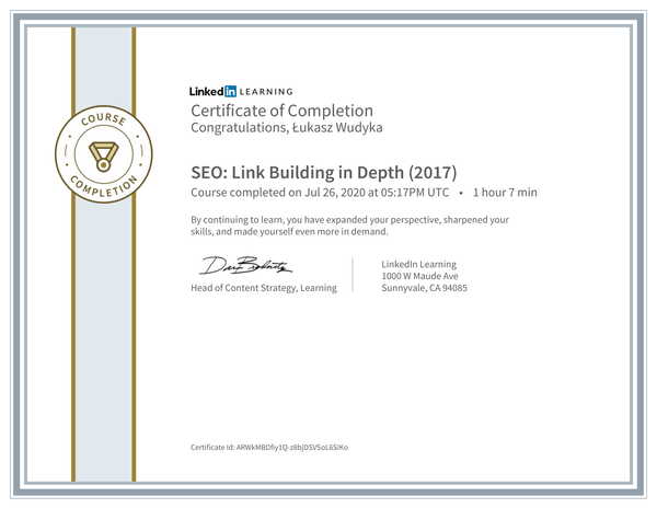 Łukasz Wudyka opinie o umowach SEO - dlaczego umowy SEO są ważne? - certyfikat Linkedin - SEO: Link Building in Depth (2017).