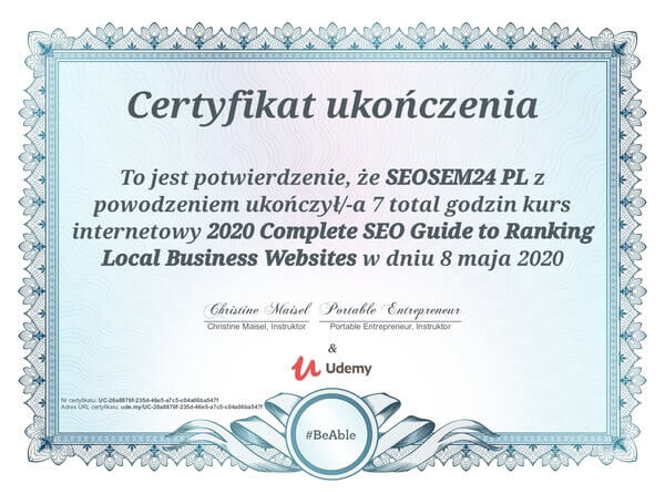 Łukasz Wudyka opinie o umowach SEO - dlaczego umowy SEO są ważne? - certyfikat Udemy - 2020 Complete SEO Guide to Ranking Local Business Websites.
