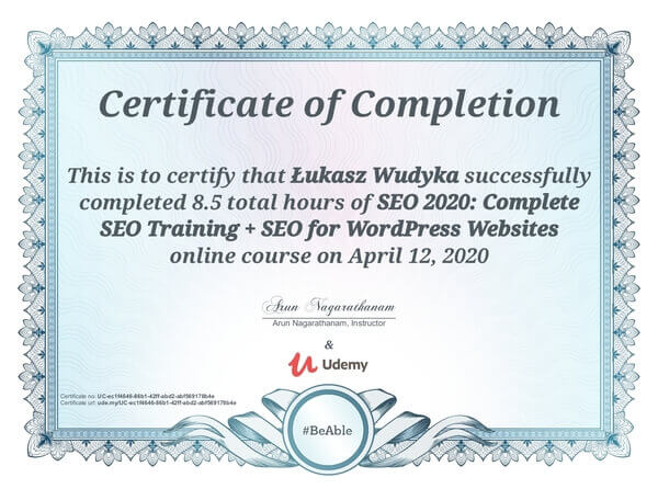 Łukasz Wudyka opinie o umowach SEO - dlaczego umowy SEO są ważne? - certyfikat Udemy - SEO 2020: Complete SEO Training + SEO for WordPress Websites.